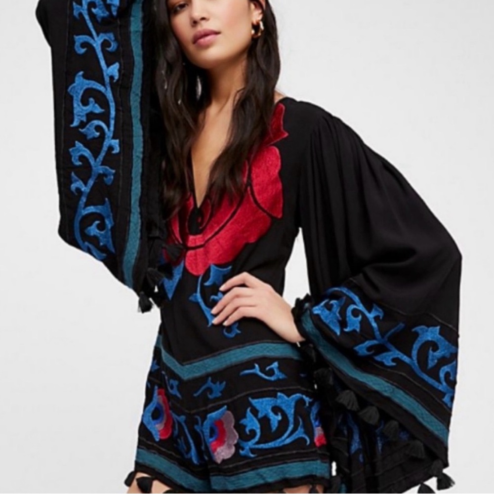 Rare Free People Black, Blue and Red Embroidered Jumpsuit with tassels